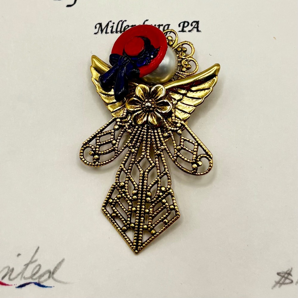 Donna Beitman Angel Pin Brooch Gold Tone Red Hat Faux Pearl Filigree Handcrafted
